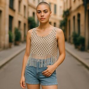 Women’s Boho Hippie Millau Fringe Crop Top Small White Cream Tan Summer